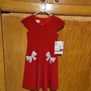 Bonnie Jean Sparkling Red Dress with Silver Bow Accents